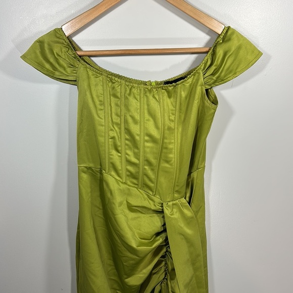 PrettyLittle Thing Olive Satin Bardot Tassel Hem Draped Midi Dress Satin Formal - Picture 7 of 16